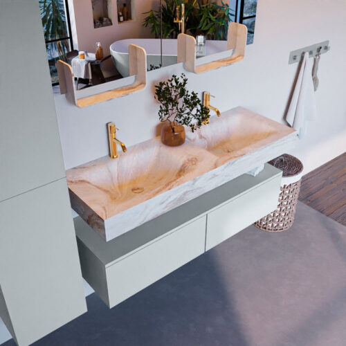 MONDIAZ ALAN-DLUX 130cm mueble de baño Clay 2 cajones. Lavabo CLOUD Doble 2 orificios color Frappe.