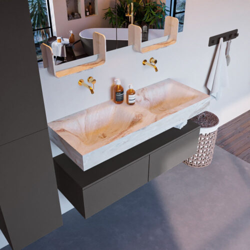 MONDIAZ ALAN-DLUX 120cm mueble de baño Dark Grey 2 cajones. Lavabo CLOUD Doble sin orificios color Frappe.