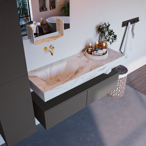 MONDIAZ ALAN-DLUX 130cm mueble de baño Dark Grey 2 cajones. Lavabo CLOUD Izquierda sin orificios color Frappe.