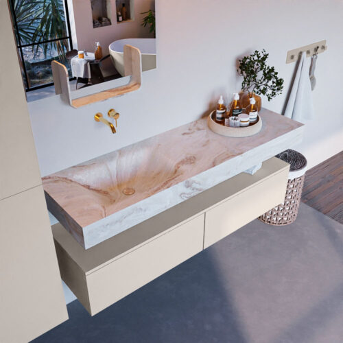 MONDIAZ ALAN-DLUX 150cm mueble de baño Linen 2 cajones. Lavabo CLOUD Izquierda sin orificios color Frappe.