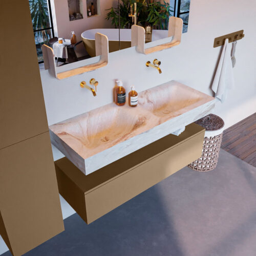 MONDIAZ ALAN-DLUX 120cm mueble de baño Oro 1 cajón. Lavabo CLOUD Doble sin orificios color Frappe.