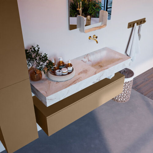 MONDIAZ ALAN-DLUX 130cm mueble de baño Oro 1 cajón. Lavabo CLOUD Derecho sin orificios color Frappe.