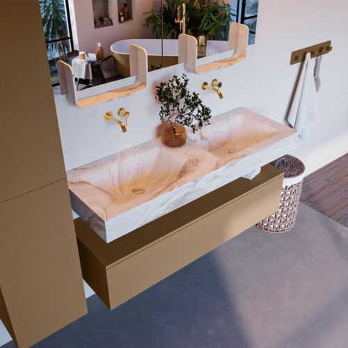 MONDIAZ ALAN-DLUX 130cm mueble de baño Oro 1 cajón. Lavabo CLOUD Doble sin orificios color Frappe.