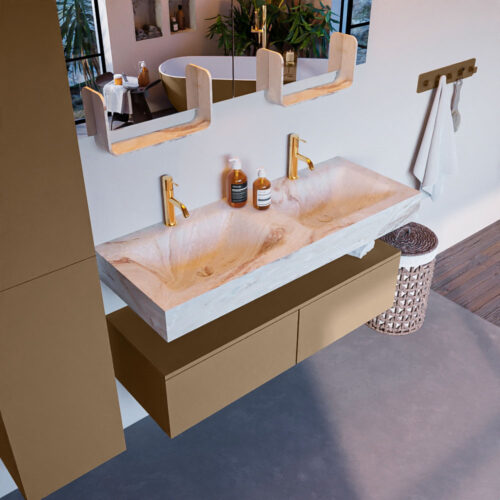 MONDIAZ ALAN-DLUX 120cm mueble de baño Oro 2 cajones. Lavabo CLOUD Doble 2 orificios color Frappe.