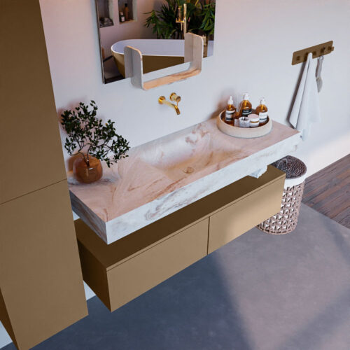 MONDIAZ ALAN-DLUX 130cm mueble de baño Oro 2 cajones. Lavabo CLOUD Centro sin orificios color Frappe.