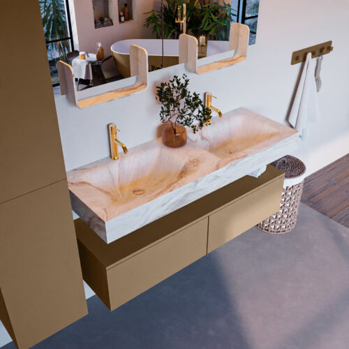 MONDIAZ ALAN-DLUX 130cm mueble de baño Oro 2 cajones. Lavabo CLOUD Doble 2 orificios color Frappe.