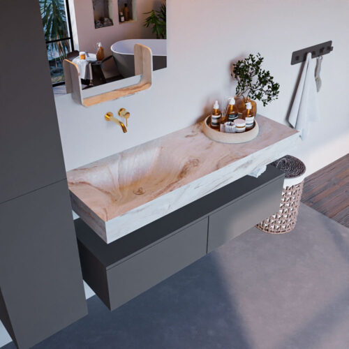 MONDIAZ ALAN-DLUX 130cm mueble de baño Plata 2 cajones. Lavabo CLOUD Izquierda sin orificios color Frappe.