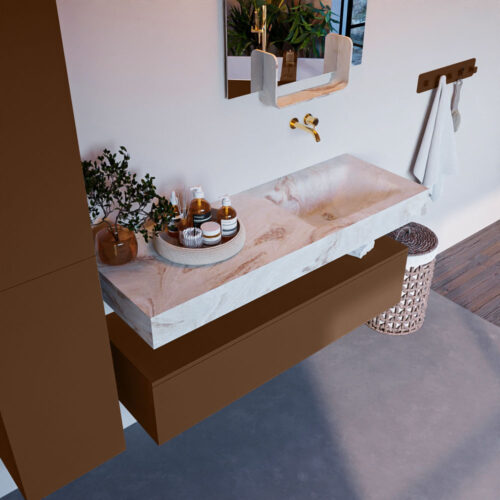 MONDIAZ ALAN-DLUX 130cm mueble de baño Rust 1 cajón. Lavabo CLOUD Derecho sin orificios color Frappe.