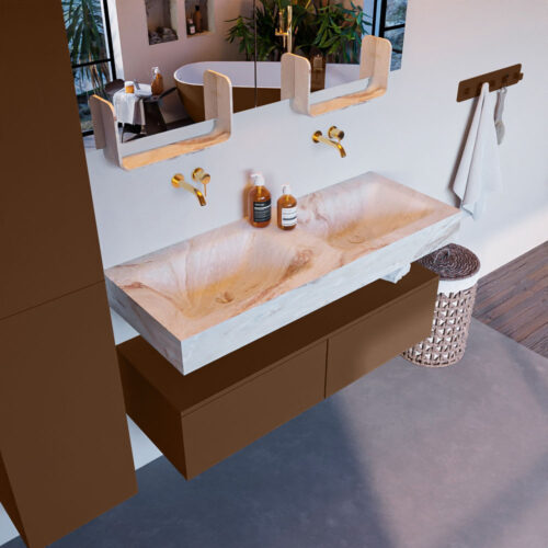 MONDIAZ ALAN-DLUX 120cm mueble de baño Rust 2 cajones. Lavabo CLOUD Doble sin orificios color Frappe.