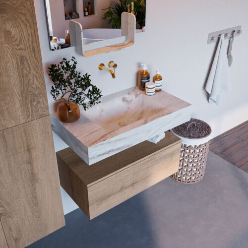 MONDIAZ ALAN-DLUX 80cm mueble de baño Washed Oak 1 cajón. Lavabo CLOUD Centro sin orificios color Frappe.