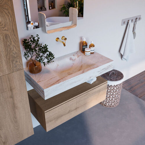 MONDIAZ ALAN-DLUX 90cm mueble de baño Washed Oak 1 cajón. Lavabo CLOUD Centro sin orificios color Frappe.