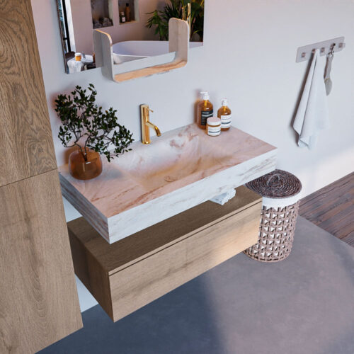 MONDIAZ ALAN-DLUX 90cm mueble de baño Washed Oak 1 cajón. Lavabo CLOUD Centro 1 orificio color Frappe.