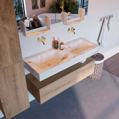 MONDIAZ ALAN-DLUX 120cm mueble de baño Washed Oak 1 cajón. Lavabo CLOUD Doble sin orificios color Frappe.