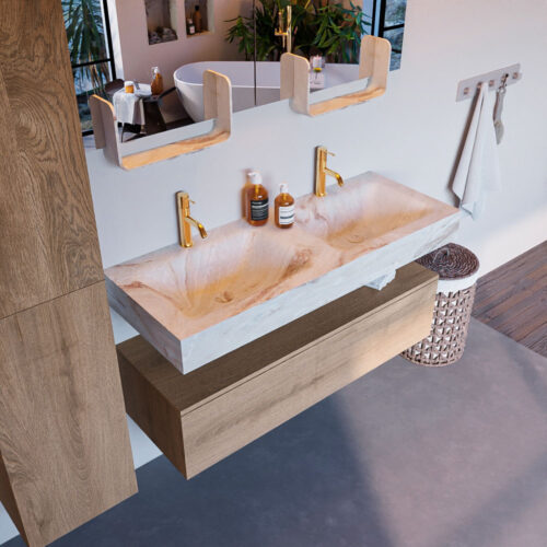 MONDIAZ ALAN-DLUX 120cm mueble de baño Washed Oak 1 cajón. Lavabo CLOUD Doble 2 orificios color Frappe.