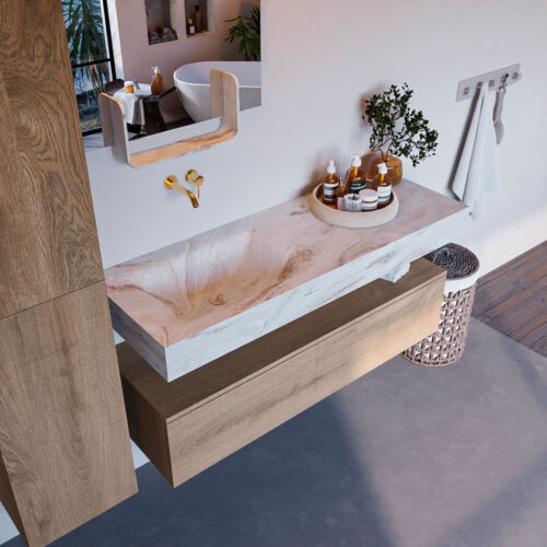 MONDIAZ ALAN-DLUX 130cm mueble de baño Washed Oak 1 cajón. Lavabo CLOUD Izquierda sin orificios color Frappe.