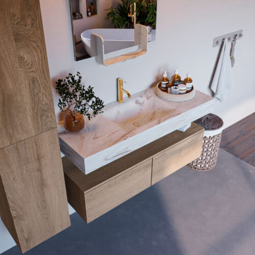 MONDIAZ ALAN-DLUX 120cm mueble de baño Washed Oak 2 cajones. Lavabo CLOUD Centro 1 orificio color Frappe.