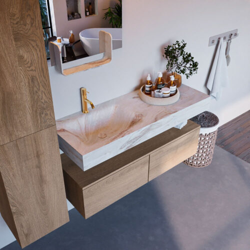 MONDIAZ ALAN-DLUX 120cm mueble de baño Washed Oak 2 cajones. Lavabo CLOUD Izquierda 1 orificio color Frappe.