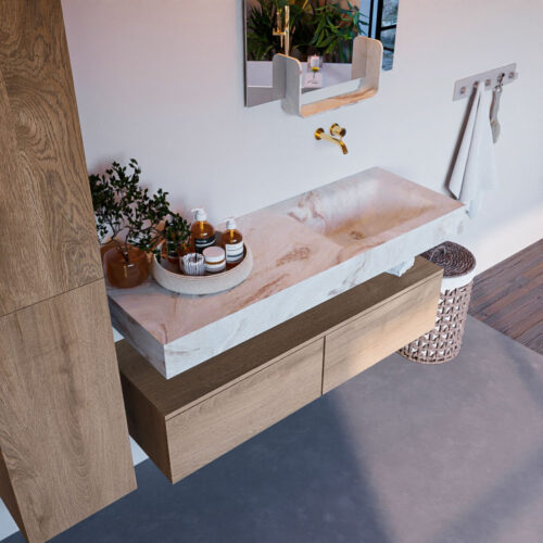 MONDIAZ ALAN-DLUX 130cm mueble de baño Washed Oak 2 cajones. Lavabo CLOUD Derecho sin orificios color Frappe.