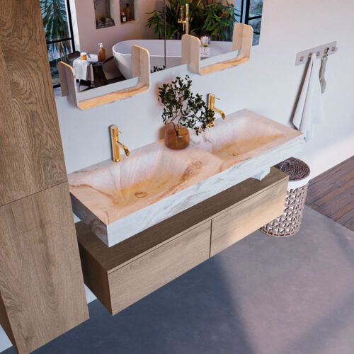 MONDIAZ ALAN-DLUX 130cm mueble de baño Washed Oak 2 cajones. Lavabo CLOUD Doble 2 orificios color Frappe.