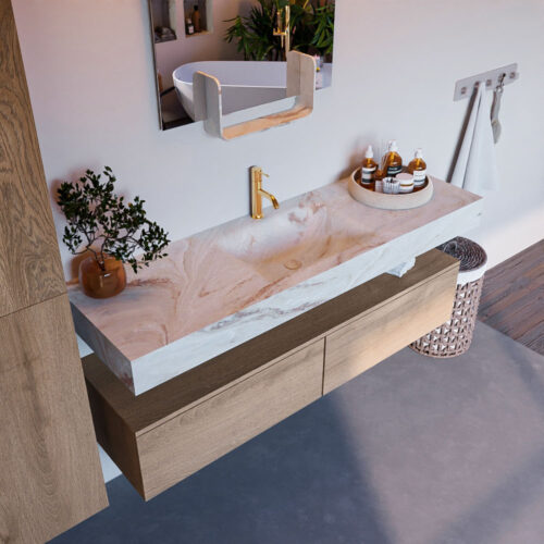 MONDIAZ ALAN-DLUX 150cm mueble de baño Washed Oak 2 cajones. Lavabo CLOUD Centro 1 orificio color Frappe.