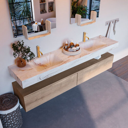 MONDIAZ ALAN-DLUX 200cm mueble de baño Washed Oak 2 cajones. Lavabo CLOUD Doble 2 orificios color Frappe.