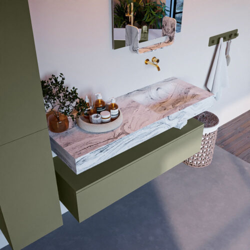 MONDIAZ ALAN-DLUX 130cm mueble de baño Army 1 cajón. Lavabo CLOUD Derecho sin orificios color Glace.