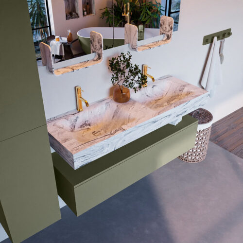 MONDIAZ ALAN-DLUX 130cm mueble de baño Army 1 cajón. Lavabo CLOUD Doble 2 orificios color Glace.