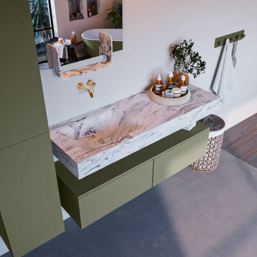 MONDIAZ ALAN-DLUX 130cm mueble de baño Army 2 cajones. Lavabo CLOUD Izquierda sin orificios color Glace.