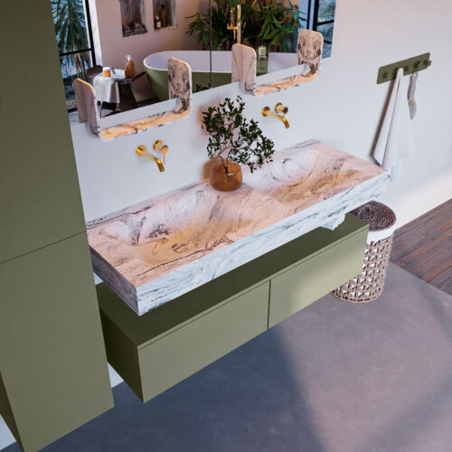 MONDIAZ ALAN-DLUX 130cm mueble de baño Army 2 cajones. Lavabo CLOUD Doble sin orificios color Glace.