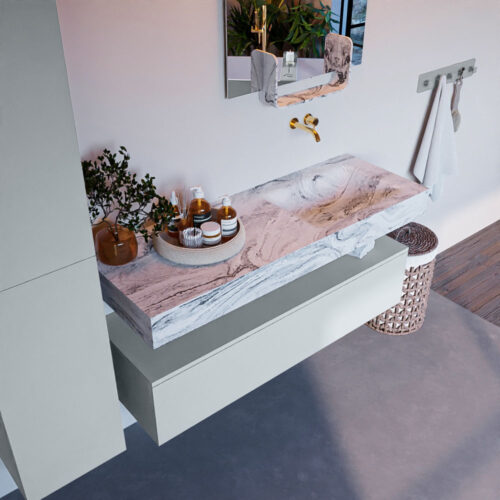 MONDIAZ ALAN-DLUX 130cm mueble de baño Clay 1 cajón. Lavabo CLOUD Derecho sin orificios color Glace.