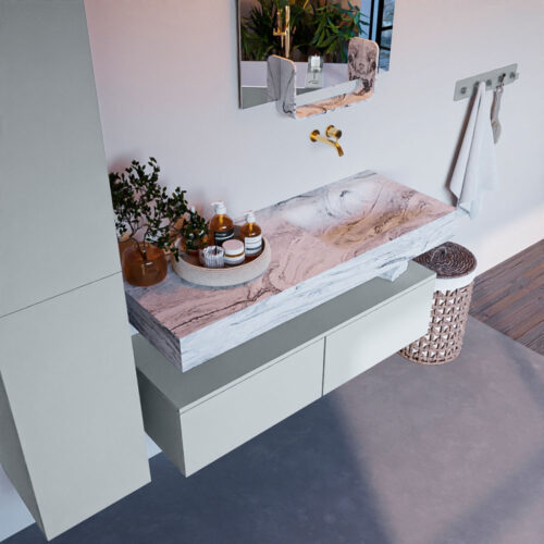 MONDIAZ ALAN-DLUX 120cm mueble de baño Clay 2 cajones. Lavabo CLOUD Derecho sin orificios color Glace.