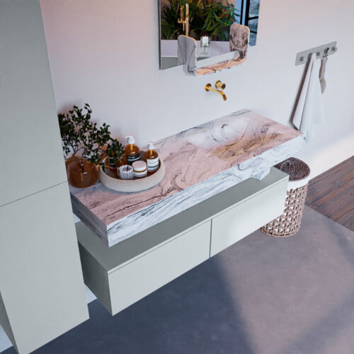 MONDIAZ ALAN-DLUX 130cm mueble de baño Clay 2 cajones. Lavabo CLOUD Derecho sin orificios color Glace.