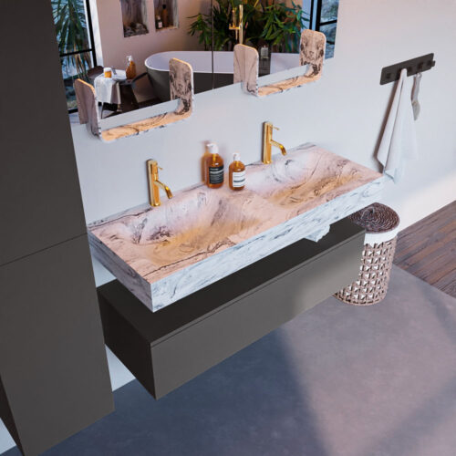 MONDIAZ ALAN-DLUX 120cm mueble de baño Dark Grey 1 cajón. Lavabo CLOUD Doble 2 orificios color Glace.