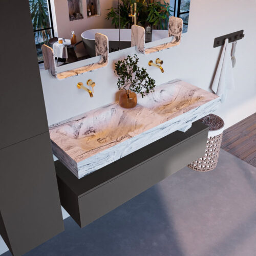 MONDIAZ ALAN-DLUX 130cm mueble de baño Dark Grey 1 cajón. Lavabo CLOUD Doble sin orificios color Glace.