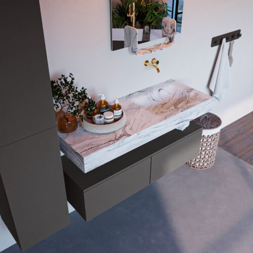 MONDIAZ ALAN-DLUX 120cm mueble de baño Dark Grey 2 cajones. Lavabo CLOUD Derecho sin orificios color Glace.