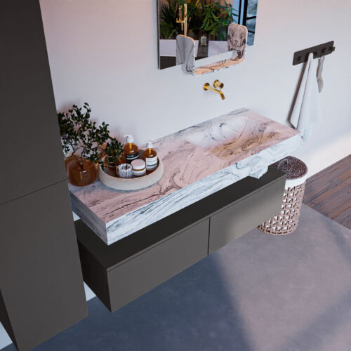 MONDIAZ ALAN-DLUX 130cm mueble de baño Dark Grey 2 cajones. Lavabo CLOUD Derecho sin orificios color Glace.