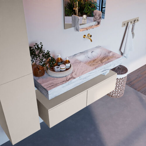 MONDIAZ ALAN-DLUX 120cm mueble de baño Linen 2 cajones. Lavabo CLOUD Derecho sin orificios color Glace.