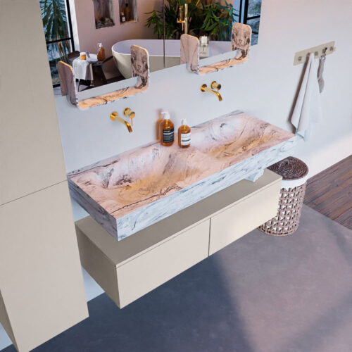 MONDIAZ ALAN-DLUX 120cm mueble de baño Linen 2 cajones. Lavabo CLOUD Doble sin orificios color Glace.