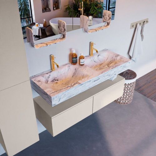 MONDIAZ ALAN-DLUX 120cm mueble de baño Linen 2 cajones. Lavabo CLOUD Doble 2 orificios color Glace.