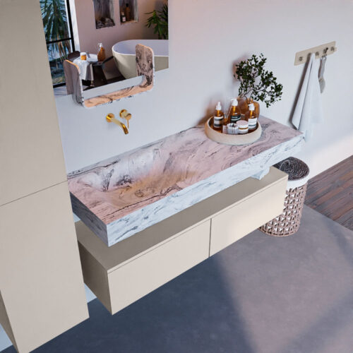 MONDIAZ ALAN-DLUX 130cm mueble de baño Linen 2 cajones. Lavabo CLOUD Izquierda sin orificios color Glace.