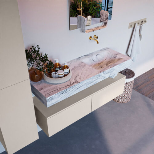 MONDIAZ ALAN-DLUX 130cm mueble de baño Linen 2 cajones. Lavabo CLOUD Derecho sin orificios color Glace.