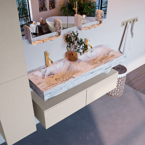 MONDIAZ ALAN-DLUX 130cm mueble de baño Linen 2 cajones. Lavabo CLOUD Doble 2 orificios color Glace.