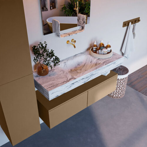 MONDIAZ ALAN-DLUX 120cm mueble de baño Oro 2 cajones. Lavabo CLOUD Centro sin orificios color Glace.