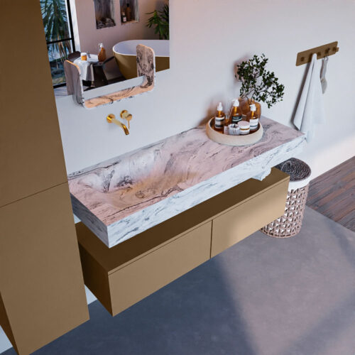 MONDIAZ ALAN-DLUX 130cm mueble de baño Oro 2 cajones. Lavabo CLOUD Izquierda sin orificios color Glace.