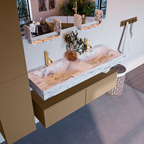 MONDIAZ ALAN-DLUX 130cm mueble de baño Oro 2 cajones. Lavabo CLOUD Doble 2 orificios color Glace.