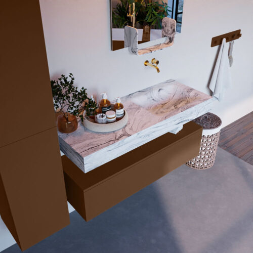 MONDIAZ ALAN-DLUX 120cm mueble de baño Rust 1 cajón. Lavabo CLOUD Derecho sin orificios color Glace.