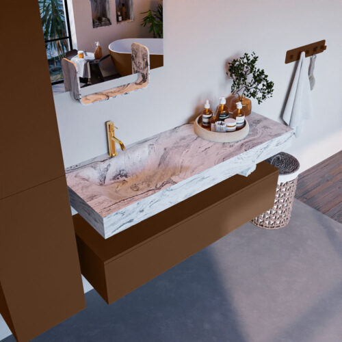 MONDIAZ ALAN-DLUX 130cm mueble de baño Rust 1 cajón. Lavabo CLOUD Izquierda 1 orificio color Glace.