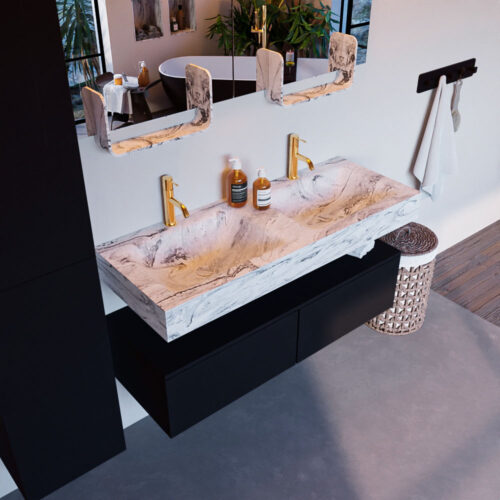 MONDIAZ ALAN-DLUX 120cm mueble de baño Urban 2 cajones. Lavabo CLOUD Doble 2 orificios color Glace.