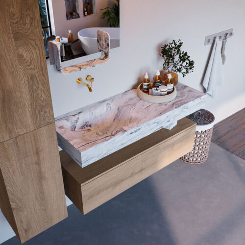 MONDIAZ ALAN-DLUX 120cm mueble de baño Washed Oak 1 cajón. Lavabo CLOUD Izquierda sin orificios color Glace.