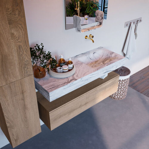 MONDIAZ ALAN-DLUX 120cm mueble de baño Washed Oak 1 cajón. Lavabo CLOUD Derecho sin orificios color Glace.